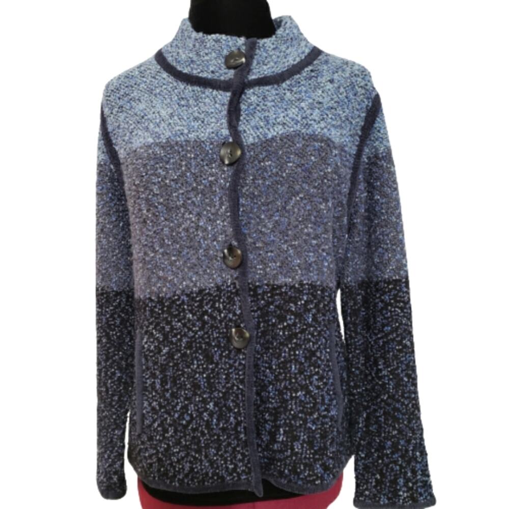 Orvis Chunky Knit Boucle Blue‎ Ombre Button Front Cardigan Sweater Large Coastal